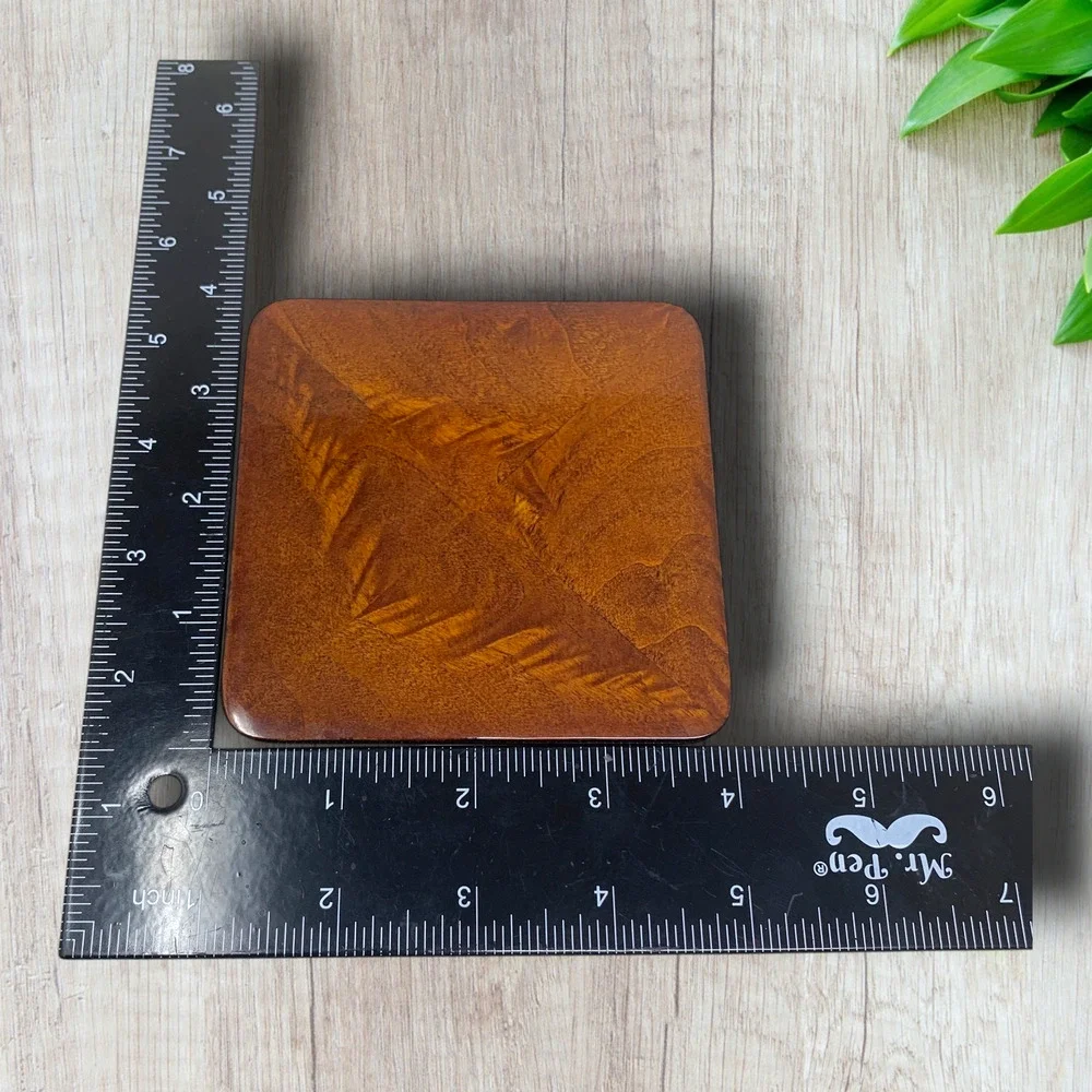 Vintage Bombay Company Wood Veneer Coasters Holder Set 4 Bookmatched Felt Back
